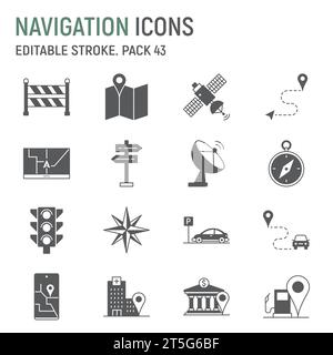 Navigation glyph icon set, traffic collection, vector graphics, logo illustrations, navigation vector icons, map signs, solid pictograms, editable str Stock Vector