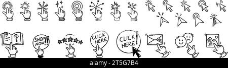 Doodle click icons set. Hand finger cursor pointer. Enable notifications. Customer five star rating and testimonials. Shop now and click here buttons. Stock Vector