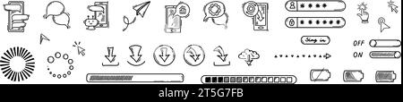 Doodle using smartphone design elements. Password verification, notifications on, battery charger indicator, loading bar, download icons. Robot chatbo Stock Vector