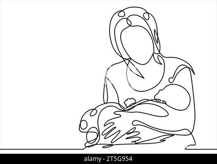 happy mother with adorable baby-continuous line drawing Stock Vector