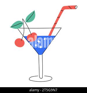 Hand drawn cocktail with cherry and straw. Cold drink, summer beverage. Bright decorative element. Color flat vector illustration isolated on a white Stock Vector