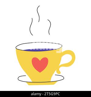 Hand drawn Cup of tea. Hot drink. Mug with heart. Bright decorative element. Color flat vector illustration isolated on a white background Stock Vector