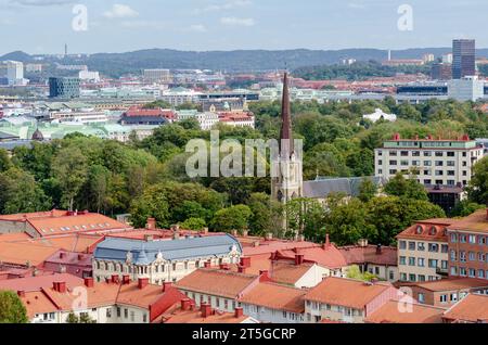 Aerial view of the Haga church (Hagakyrkan) in Gothenburg, Sweden surrounded by red rooftops and green trees Stock Photo