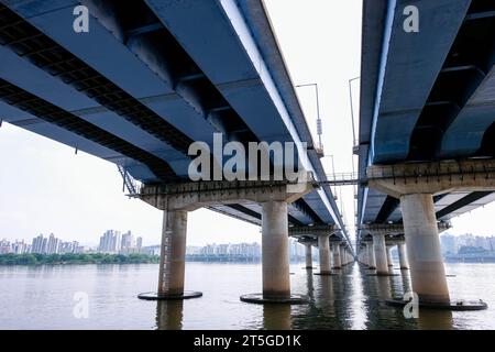 Seoul, South Korea - 11 July 2022: View of river at Yeouido Hangang Park, one of the parks next to Han river Stock Photo