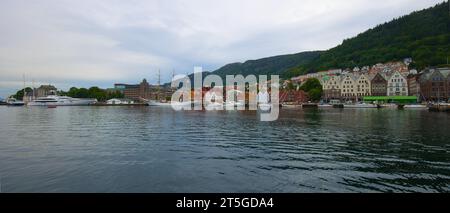 Norway, Vestland, Bergen - July 11, 2023: Bryggen is the historic harbor district with Hanseatic buildings. Stock Photo