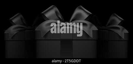 Premium style three black gift boxes wrapped with satin ribbons on a dark background. Giftbox banner vector design. Stock Vector
