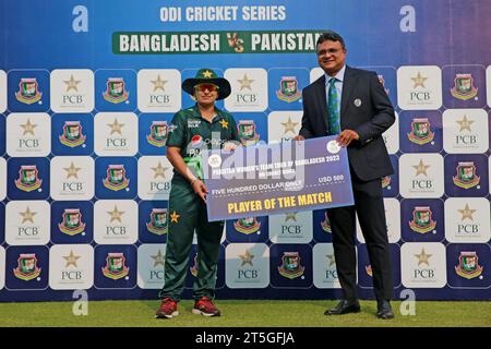 Pakistan women's cricket team captain Nida Dar become the man of the match as she gets 35 runs and 3 wickets. While they competed to a five-wicket win Stock Photo