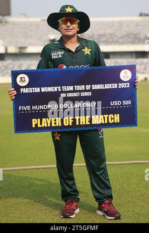 Pakistan women's cricket team captain Nida Dar become the man of the match as she gets 35 runs and 3 wickets. While they competed to a five-wicket win Stock Photo