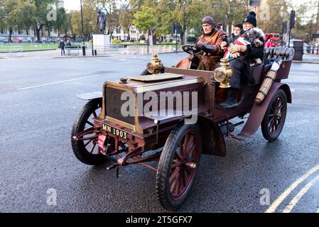 Westminster, London, UK. 5th Nov, 2023. The London to Brighton veteran car run is the longest-running motoring event in the world with the first taking place in 1896 organised to celebrate the passing of the law that enabled 'light locomotives' to travel at speeds greater than 4mph. Cars entering the event must have been built before 1905. Setting off at dawn from Hyde Park the vehicles travelled through London before heading south. 1903 Brush Stock Photo