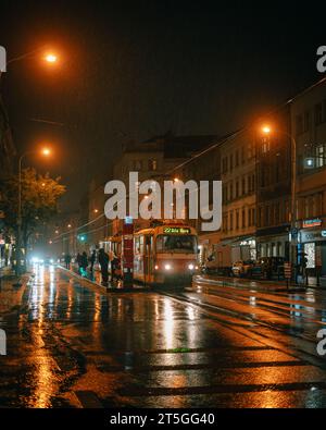 Tram on a rainy night in Vinohrady, Prague, Czechia Stock Photo