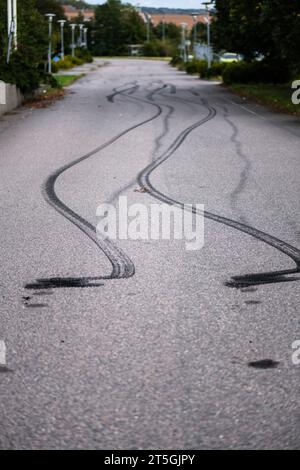 Burnout tire marks on asphalt Stock Photo