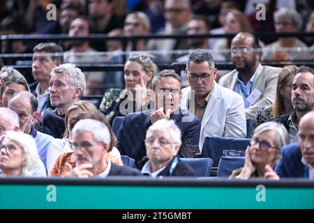 Paris, France. 05th Nov, 2023. Denis Brogniart and Julien Courbet during the Rolex Paris Masters ATP Masters 1000 men's tennis tournament on November 4, 2023 at Accor Arena Bercy in Paris, France. Photo by Victor Joly/ABACAPRESS.COM Credit: Abaca Press/Alamy Live News Stock Photo