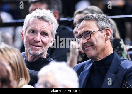 Denis Brogniart and Julien Courbet during the Rolex Paris Masters ATP Masters 1000 men's tennis tournament on November 4, 2023 at Accor Arena Bercy in Paris, France. Photo by Victor Joly/ABACAPRESS.COM Stock Photo