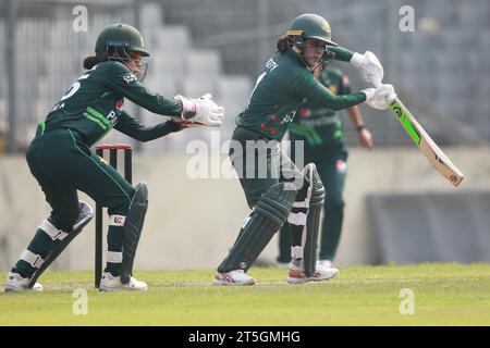 Bangladesh women cricket team Captain Nigar Sultana Joty bats against Pkistan during the first ODI match at the Sher-e-Bangla National Stadium in Mirp Stock Photo