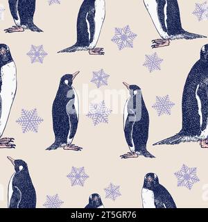 Penguin vector seamless pattern. Cute penguins hand drawn with pen and ink on paper. Stock Vector