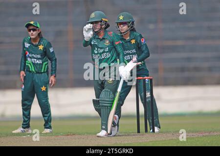 Bangladesh women cricket team Captain Nigar Sultana Joty bats against Pkistan during the first ODI match at the Sher-e-Bangla National Stadium in Mirp Stock Photo