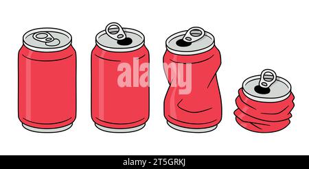 Crushed aluminum can drawing set. Simple red soda or beer can design. Vector illustration. Stock Vector
