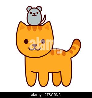 Cartoon cat and mouse kawaii vector illustration. Ginger kitten with little mouse, cute animal friends drawing. Stock Vector