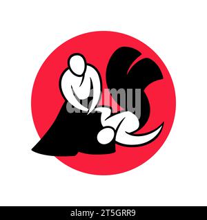 Aikido black and white minimal logo on red circle. Simple drawing of Japanese martial art. Vector illustration. Stock Vector