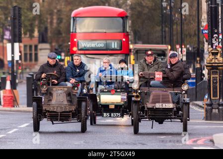 Westminster, London, UK. 5th Nov, 2023. The London to Brighton veteran car run is the longest-running motoring event in the world with the first taking place in 1896 organised to celebrate the passing of the law that enabled 'light locomotives' to travel at speeds greater than 4mph. Cars entering the event must have been built before 1905. Setting off at dawn from Hyde Park the vehicles travelled through London before heading south Stock Photo