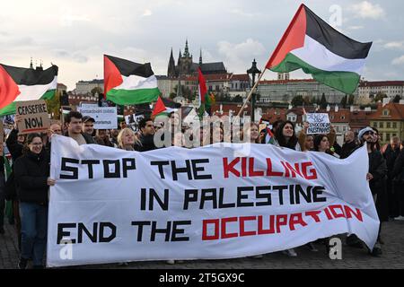 Prague, Czech Republic. 05th Nov, 2023. Demonstration and march in support of Palestinians in Prague, Czech Republic, November 5, 2023. Dozens of people have turned up in Prague's Lesser Town Square to attend a rally in support of the Palestinians, carrying banners and Palestinian flags. Credit: Michal Kamaryt/CTK Photo/Alamy Live News Stock Photo