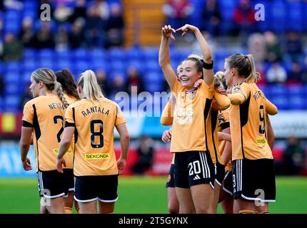 Leicester City's Missy Goodwin (centre right) celebrates scoring their side's first goal of the game during the Barclays Women's Super League match at Prenton Park, Birkenhead. Picture date: Sunday November 5, 2023. Stock Photo