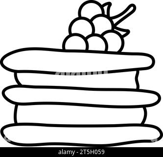 Milfey with raspberry on top line icon. French cream dessert vector black and white illustration. Cake or coloring page Stock Vector