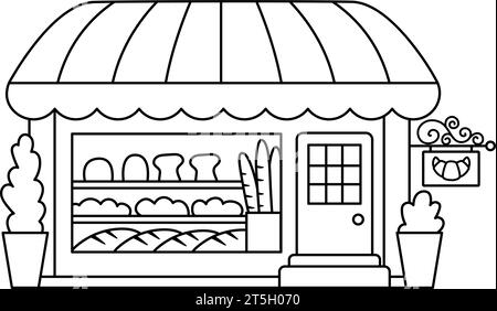 Vector cozy bakery isolated on white background. Small black and white bread shop line illustration or coloring page. Cute French kiosk with pastry, c Stock Vector