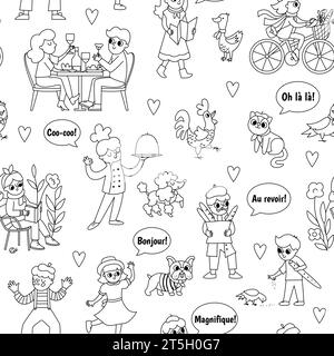 Vector black and white seamless pattern with people of France. Repeating line background with French men, animals, phrases. Cute Paris digital paper o Stock Vector