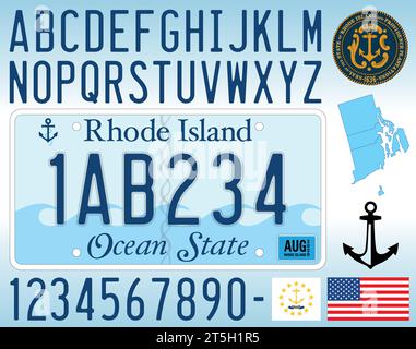 Rhode Island US state car license plate 2023 new pattern, letters, numbers and symbols, vector illustration, USA Stock Vector