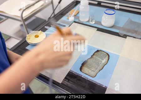 Papierwerkstatt der Klassik-Stiftung der Anna-Amalai-Bibliothek in Weimar, Thueringen. Foto vom 02.11.2023: Mit einem Airbrush-Verfahren wird die Mikrozellulose auf die beschaedigten Seiten aufgebracht In der Restaurierungswerkstatt werden mehr als 1, 5 Millionen Buchseiten und Tausende Dokumente restauriert. Viele von ihnen fielen dem Feuer der Bibliothek im Jahr 2004 zum Opfer. Siehe epd-Bericht vom 05.11.2023 EDITORIAL USE ONLY *** Paper workshop of the Classical Foundation of the Anna Amalai Library in Weimar, Thuringia Photo from 02 11 2023 The microcellulose is applied to the damaged pag Stock Photo