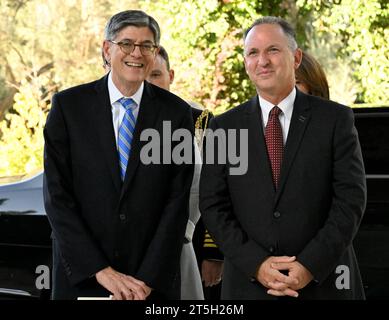 Jerusalem, Israel. 05th Nov, 2023. (L) Incoming U.S. Ambassador to Israel Jacob Lew arrives to present his credentials to Israeli President Isaac Herzog at his residence in Jerusalem, on Sunday, November 5, 2023. Photo by Debbie Hill/ Credit: UPI/Alamy Live News Stock Photo