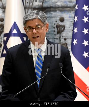 Jerusalem, Israel. 05th Nov, 2023. U.S. Ambassador to Israel Jacob Lew speaks after presenting his diplomatic credentials to Israeli President Isaac Herzog in his residence in Jerusalem, on Sunday, November 5, 2023. Photo by Debbie Hill/ Credit: UPI/Alamy Live News Stock Photo