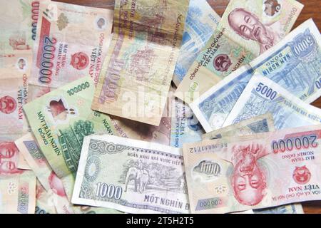 Vietnamese dong banknotes close-up. Money background. Vietnamese currency - dongs.  Stock Photo