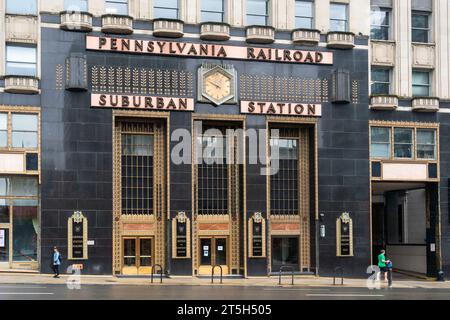 Philadelphia, PA – US – Oct 14, 2023 Landscape view of the Pennsylvania Railroad Suburban Station, an art deco office building and underground commute Stock Photo