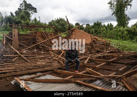 Narok, Kenya. 3rd Nov, 2023. A man is seated amidst the debris of his destroyed home in Sasimwani, within the Mau Forest area. Hundreds of people from the Ogiek Community have been left homeless and in biting cold after the Government of Kenya embarked on an eviction exercise to remove alleged encroachers of Mau Forest. A statement by Ogiek People's Development Program (OPDP) said that the eviction of forest communities violates their human rights and called on the government to immediately halt the exercise. (Credit Image: © James Wakibia/SOPA Images via ZUMA Press Wire) EDITORIAL USAGE Stock Photo