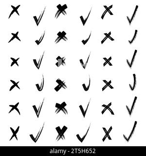 Yes and no. Brush hand drawn doodle checkmarks and crosses set collection. Scribble, pen sketches. Vector illustration. Pencil hand drawn checkmarks a Stock Vector