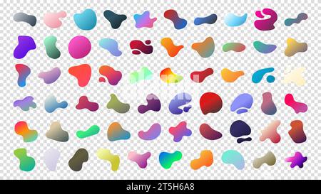Fluid blob gradient elements. Liquid shapes, round abstract elements. Blotch shapes in neon colors. Simple water forms. Set of gradient blob liquid el Stock Vector