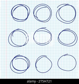 Hand drawn pen circles line sketch set on notebook pages. Drawing blue pen circular scribble doodle round circles. Vector illustration. Stock Vector