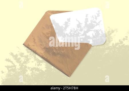An envelope with sheet of textured white paper on yellow table background. Mockup with an overlay of tropical plant shadows. Natural light casts shado Stock Photo