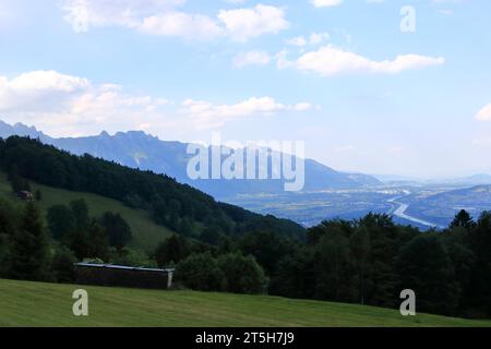 a Panoramic view from Switzerland to Liechtenstein, Vaduz City and Rhine River Stock Photo