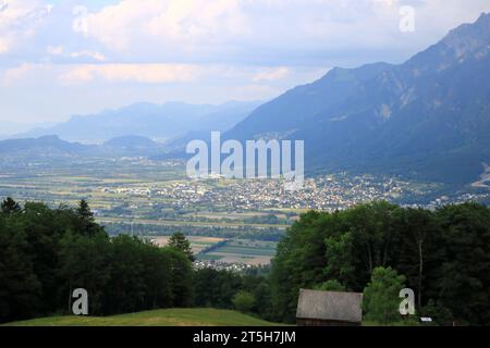 a Panoramic view from Switzerland to Liechtenstein, Vaduz City and Rhine River Stock Photo