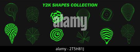 Abstract wireframes, cyberpunk elements and perspective green grids on a spheres. Psychedelic y2k shapes. Rave vector elements or trendy psychedelic s Stock Vector