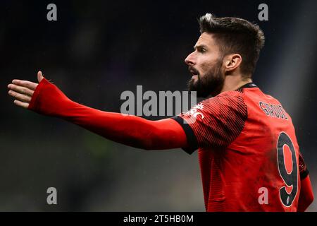 Olivier Giroud of AC Milan in action during the Serie A football match between AC Milan and Udinese Calcio. Stock Photo