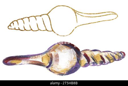 Acrylic hand painted sea shells illustration, golden graphic liner ...