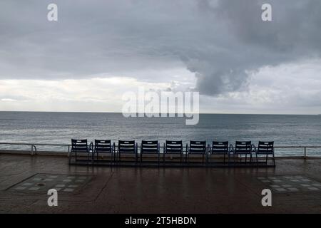 Rain clouds over the Baie des Anges at Nice in the South of France Stock Photo