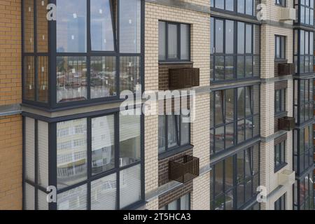 Building with decorative air conditioner covers Stock Photo