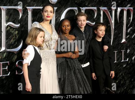 London, UK. 09th Oct, 2019. Vivienne Marcheline Jolie-Pitt, Angelina Jolie, Zahara Marley Jolie-Pitt, Shiloh Nouvel Jolie-Pitt and Knox Jolie-Pitt attend the European premiere of 'Maleficent: Mistress of Evil' at Odeon IMAX Waterloo in London. (Photo by Fred Duval/SOPA Images/Sipa USA) Credit: Sipa USA/Alamy Live News Stock Photo