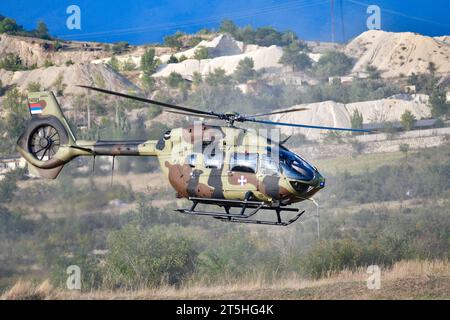 September 16, 2023, Skopje,  Macedonia, Stenkovec Sports Airport, a Grand Airshow was held. Helicopter Airbus H145M of serbian air forces in the fligh. Stock Photo