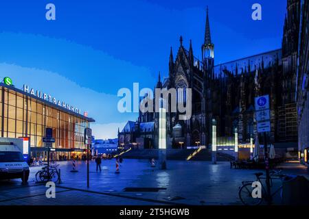 Fantastic Cologne Cathredral - night view . Police car on square on duty there (after event on New Year in 2016) Stock Photo